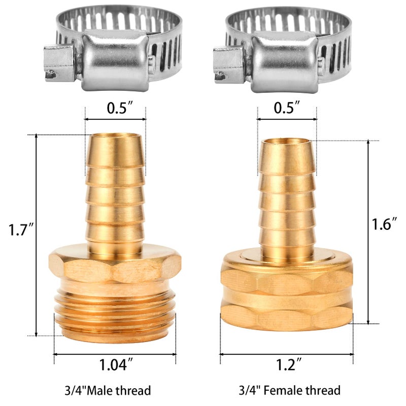 Sanpaint Brass Garden Hose Connector Repair Mender Kit with Stainless Clamp,Fits 1/2" Water Hose Fitting (1/2" Barb x 3/4" GHT) - Image 2
